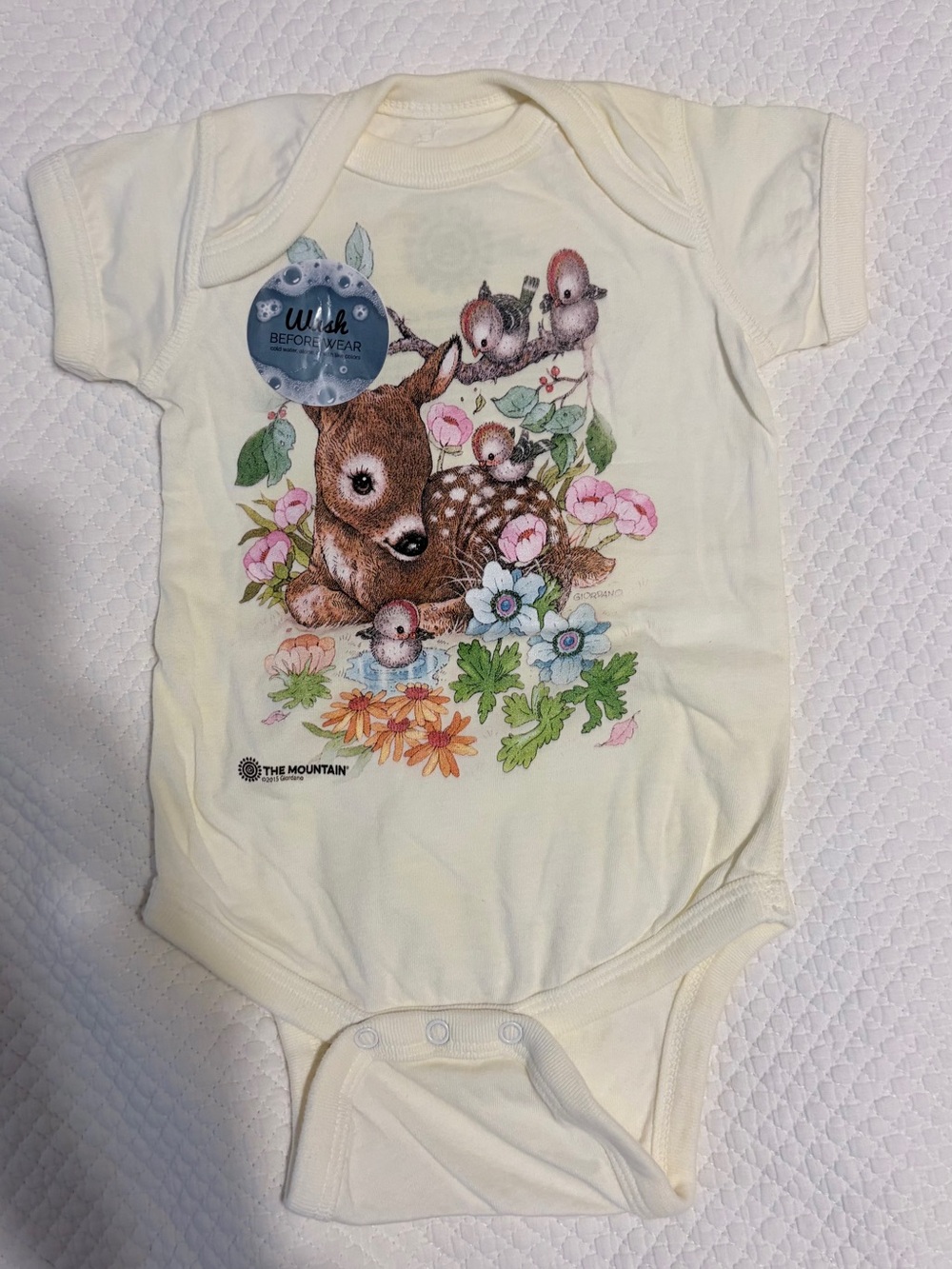 The Mountain Cream Baby One-Piece with Fawn & Flowers NWOT